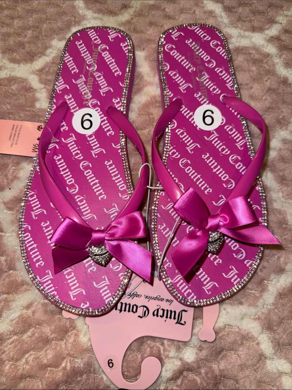 Juicy Couture Hot Pink Bow Flip Flop Sandals with Crystal Heart